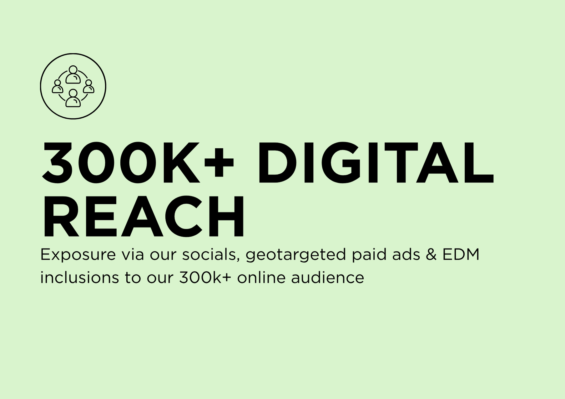 300k+ digital reach. Exposure via our socialsm geotaregted paid ads & EDM inclusions to our 300k+ online audience